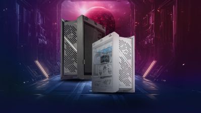 Caja de PC gaming ASUS ROG Strix Helios II en color negro y blanco, con panel frontal de rejilla, paneles de cristal templado e iluminación RGB interior visible.