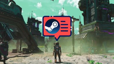 Interfaz de la tienda de Steam con el logo superpuesto sobre una imagen del videojuego No Man's Sky, ilustrando el sistema de reseñas de la plataforma.