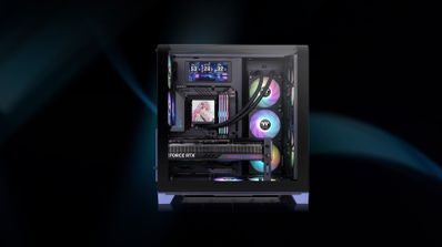 Caja de PC Thermaltake View 390 Air en color negro, mostrando su panel de cristal templado curvo y ventiladores frontales con iluminación RGB.
