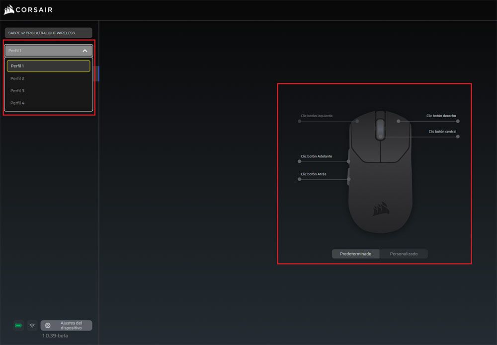 Perfiles del ratón Corsair Sabre V2 Pro
