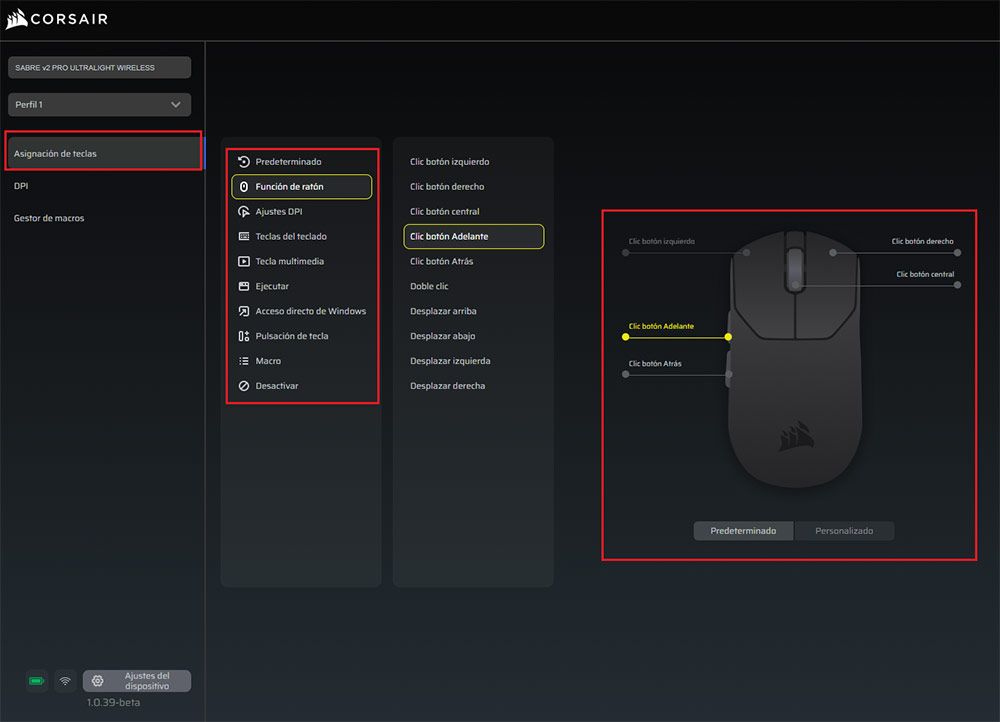 Asignación de teclas del ratón Corsair Sabre V2 Pro