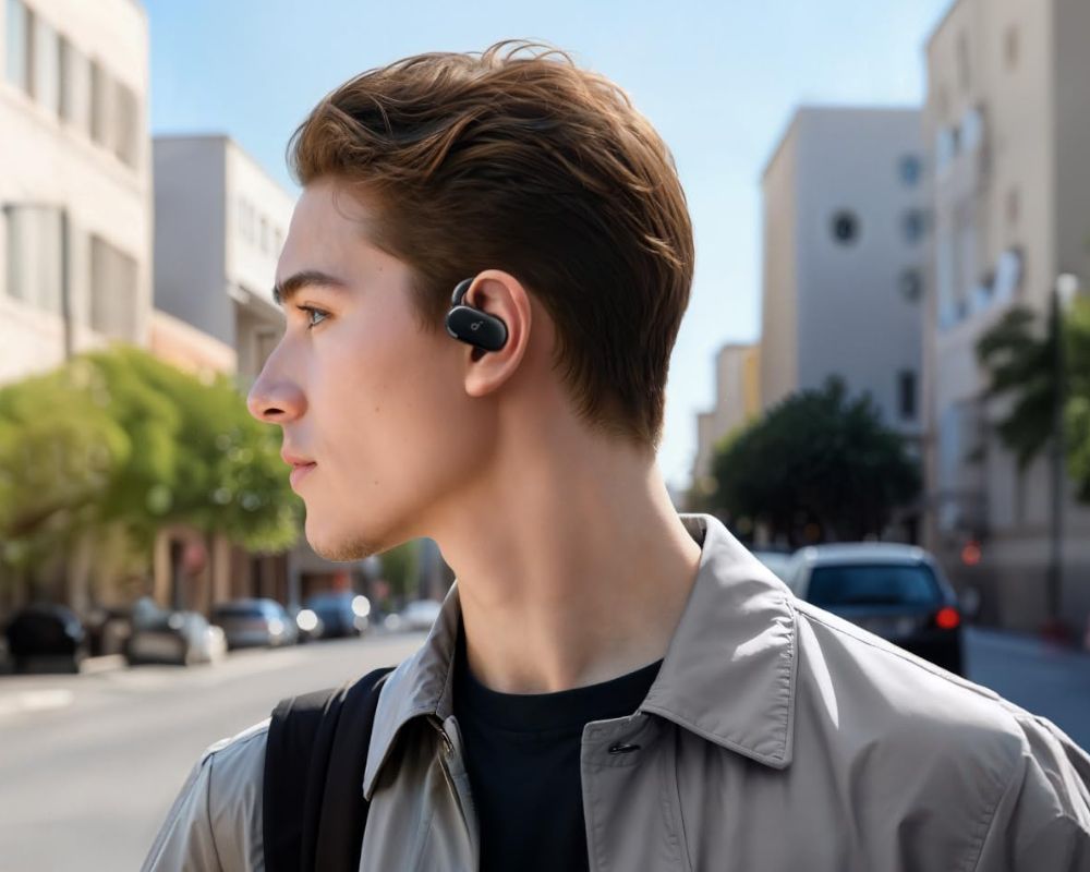 Primer plano de una persona llevando los auriculares Soundcore Anker V20i, mostrando su ajuste ergonómico dentro del oído.