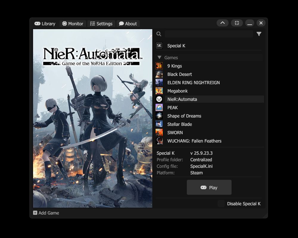 Captura de la aplicación Special K utilizada para eliminar la limitación de FPS en juegos, entre otras cosas.