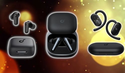Comparativa de los tres modelos de auriculares inalámbricos Soundcore en oferta: V20i de tipo open-ear, P30i in-ear y Liberty 5 de gama alta.