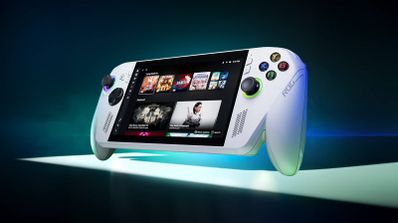 Consola portátil ASUS ROG Xbox Ally en color blanco, con la pantalla encendida mostrando una interfaz de juego y los joysticks RGB iluminados