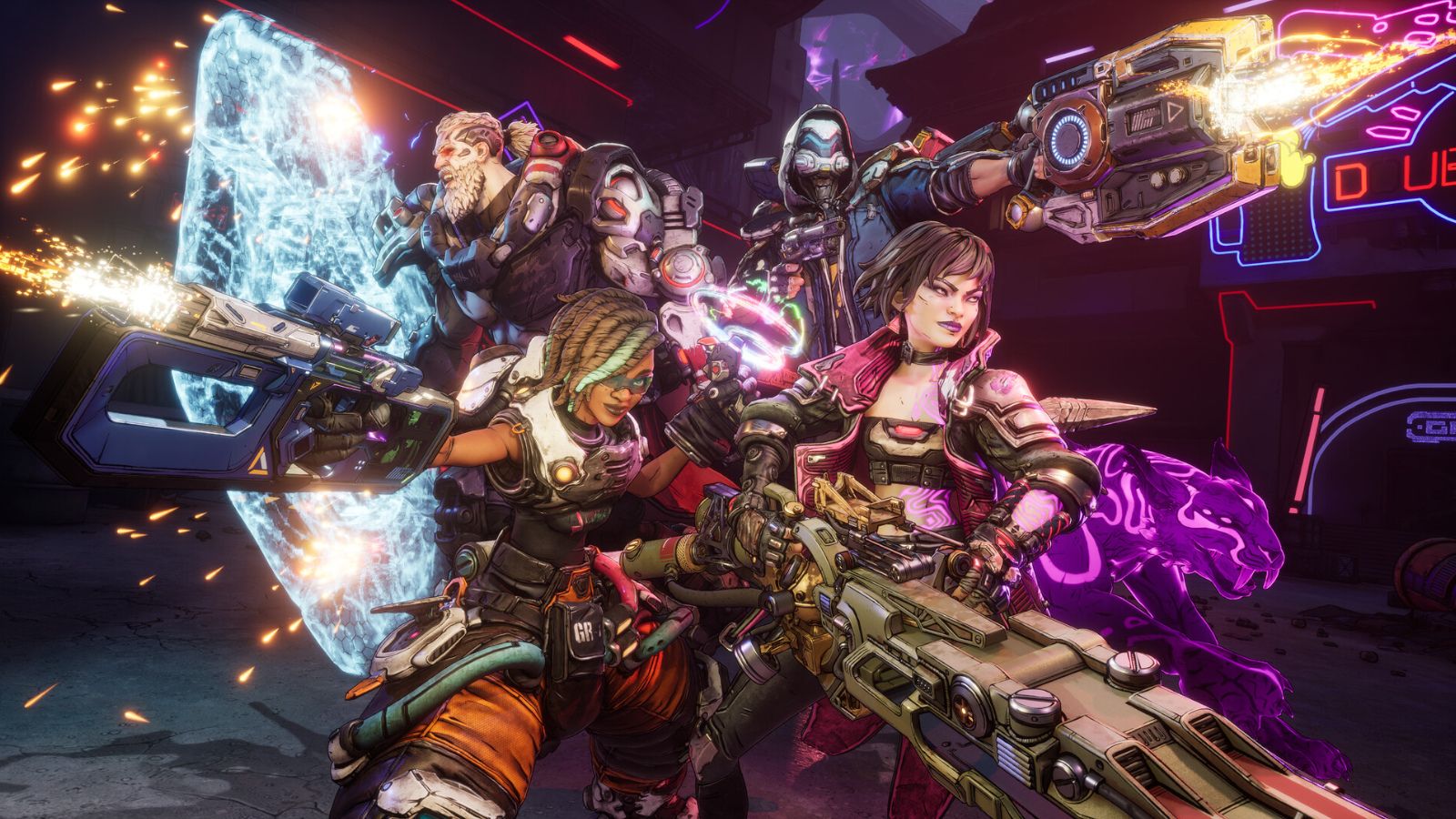 Los cuatro nuevos Buscadores de la Cámara de Borderlands 4 posan con sus armas en un entorno desértico, mostrando el característico estilo artístico cel-shading de la saga.