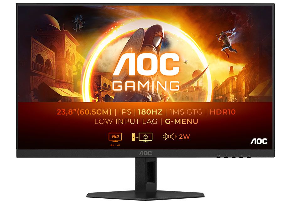 Primer plano de la pantalla del monitor AOC 24G4XED mostrando sus especificaciones clave: 180Hz, 0.5ms de tiempo de respuesta y compatibilidad HDR10