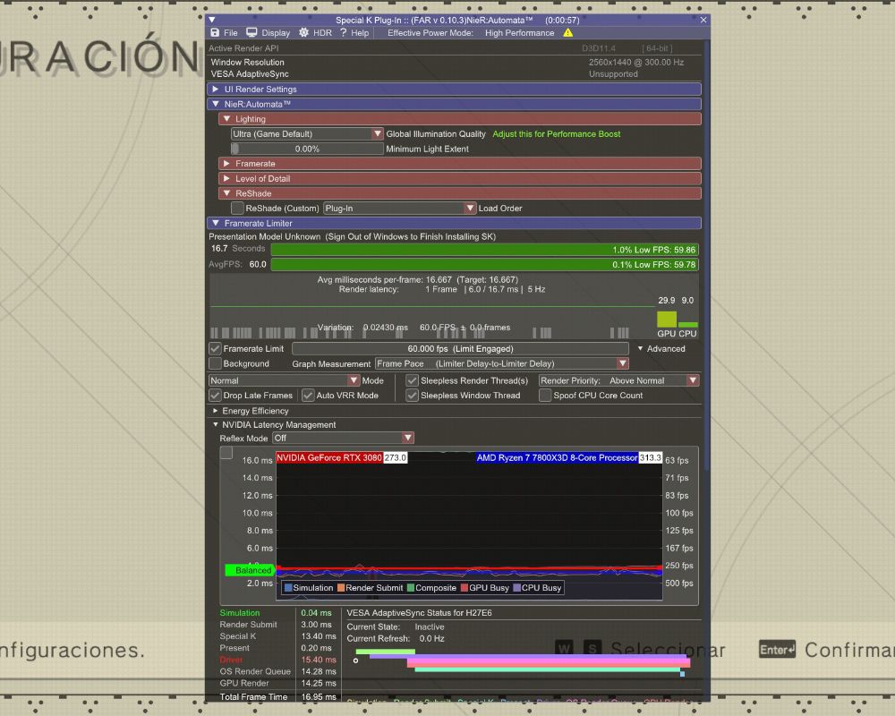 Ejemplo de la limitación de FPS en el videojuego NieR: Automata.