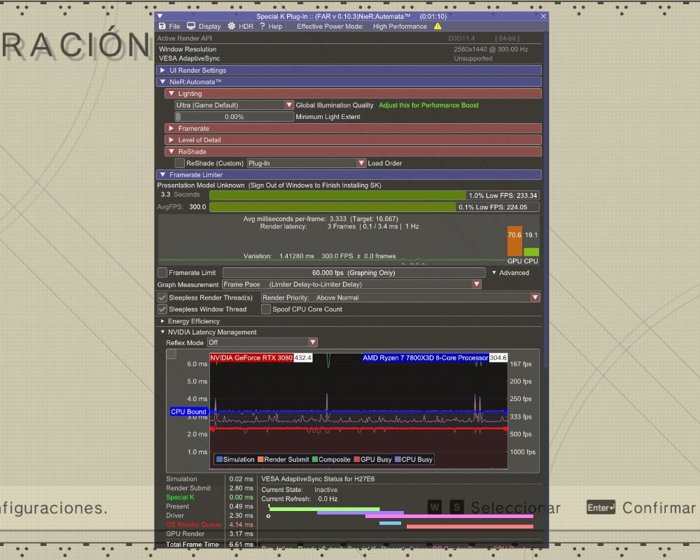 Ejemplo de la limitación de FPS en el videojuego NieR: Automata.
