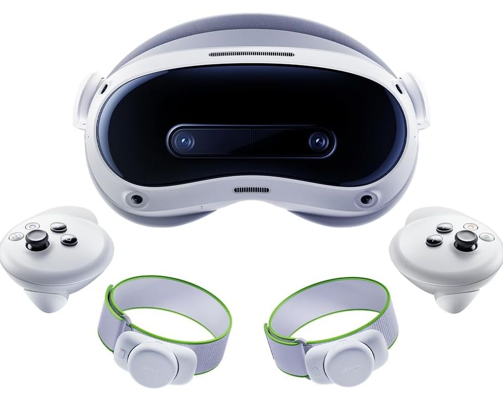 Primer plano del visor de realidad virtual Pico 4 Ultra mostrando sus cámaras frontales para realidad mixta.