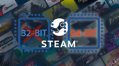 Logo de Steam junto a una representación gráfica de un procesador de 32 bits y otro de 64 bits