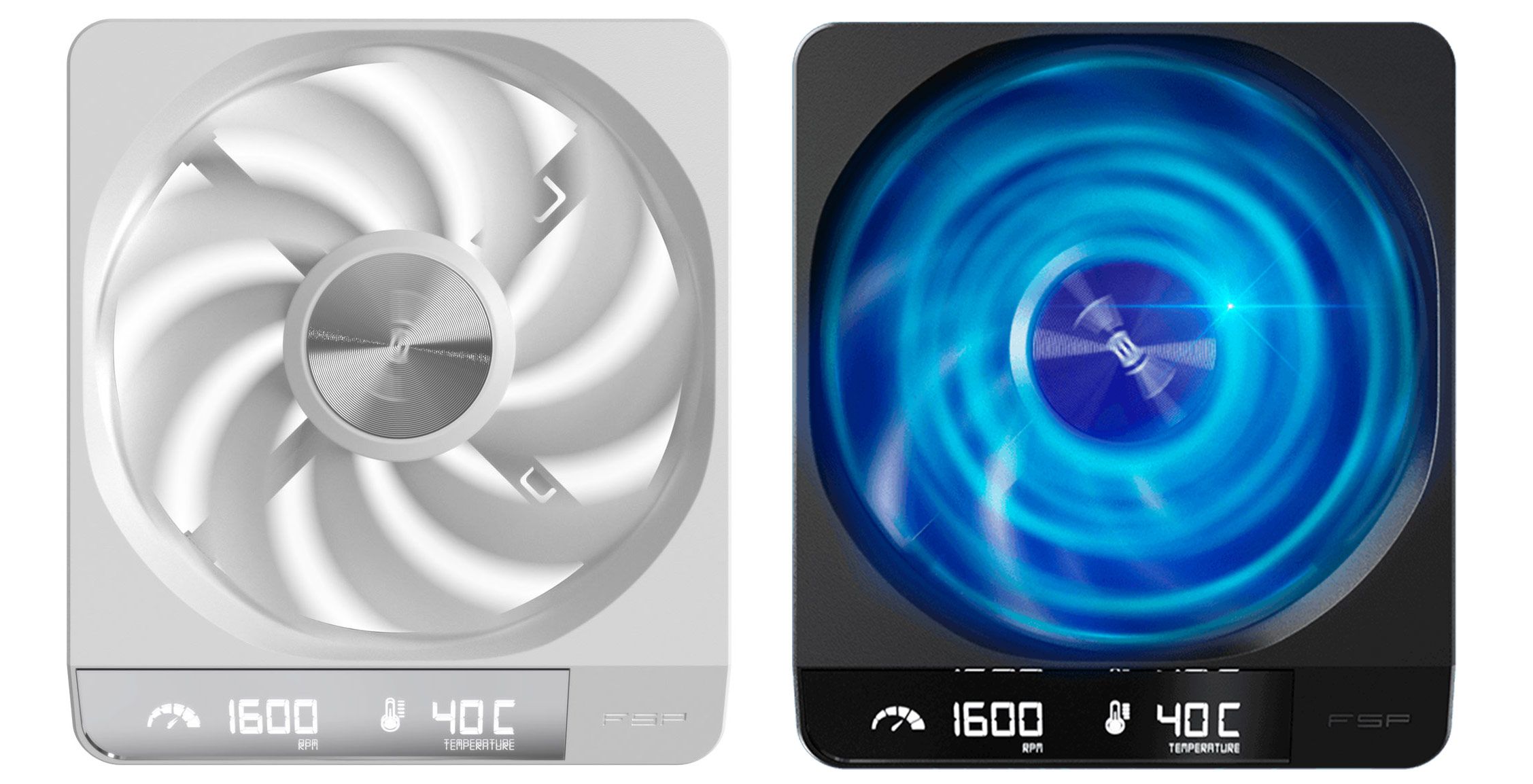 Primer plano de las versiones blanco y negro del ventilador FSP ZENFAN con la iluminación ARGB opcional activada