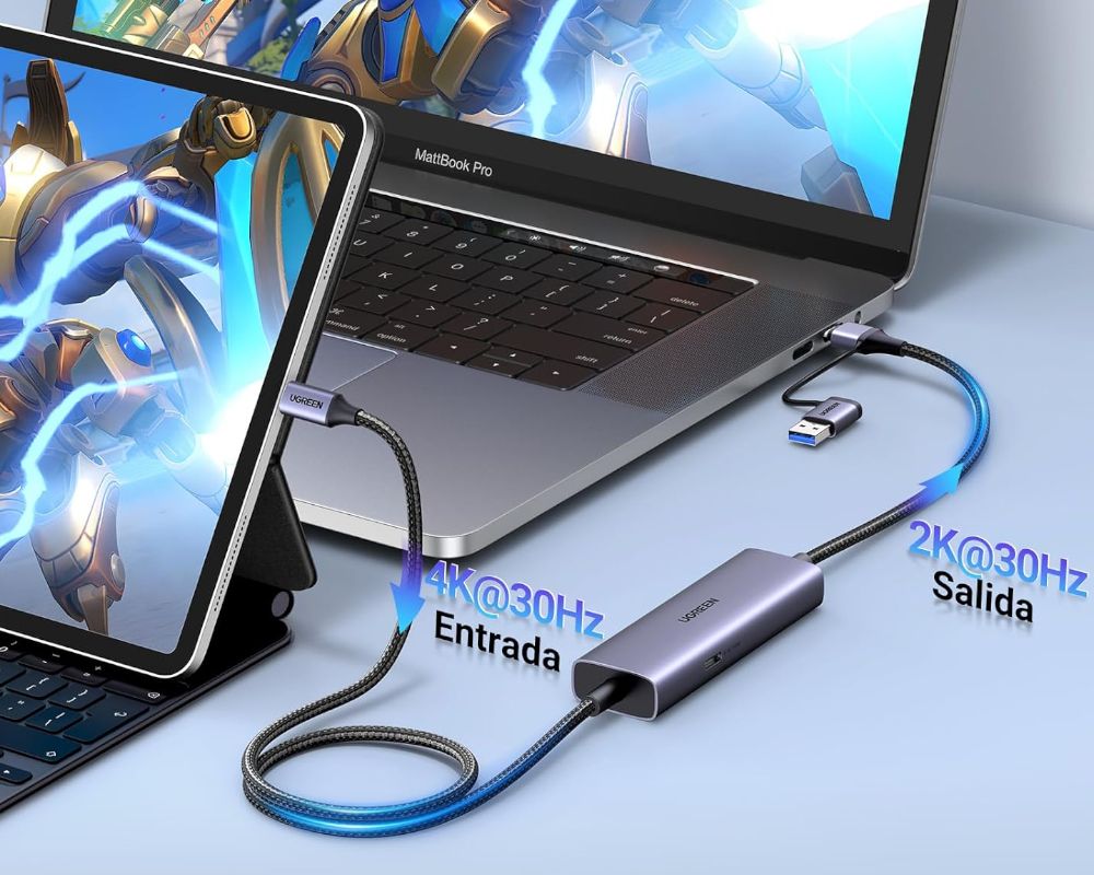 Esquema de uso de la capturadora UGREEN CM575 conectada a una tablet y a un ordenador portátil para streaming.