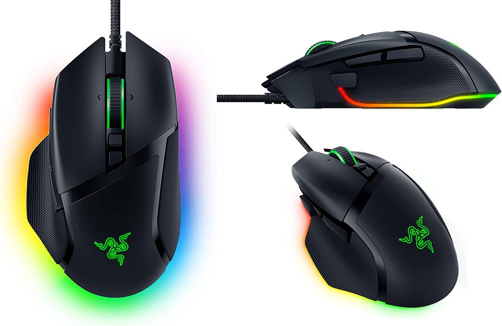 Composición de imágenes del ratón gaming con cable Razer Basilisk V3, mostrando sus 11 zonas de iluminación Chroma RGB