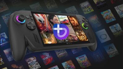 Consola ASUS ROG Ally X mostrando el logo de Bazzite OS sobre la biblioteca de juegos de Steam en modo portátil.