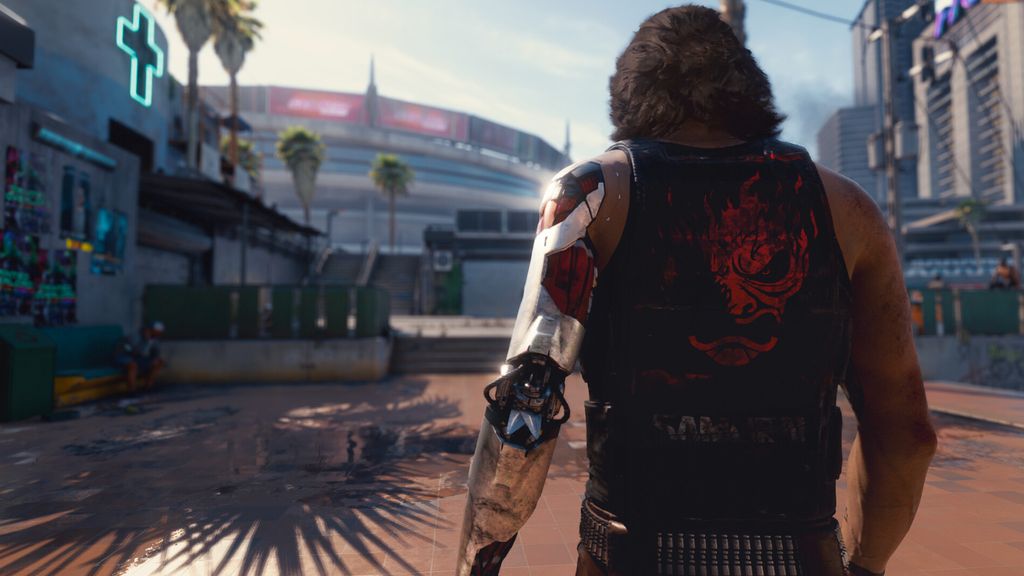 Johnny Silverhand, uno de los personajes más importantes de Cyberpunk 2077, en un entorno urbano.