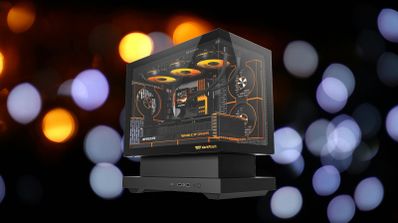 Caja de PC darkFlash FLOATRON F1 en color negro, con diseño de pedestal flotante y paneles de cristal templado mostrando componentes internos iluminados.
