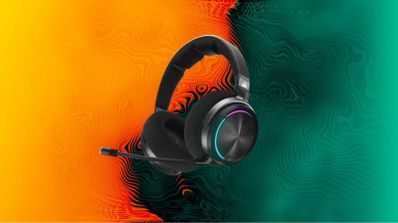 Auriculares Corsair virtuoso Max Wireless sobre fondo de dos colores