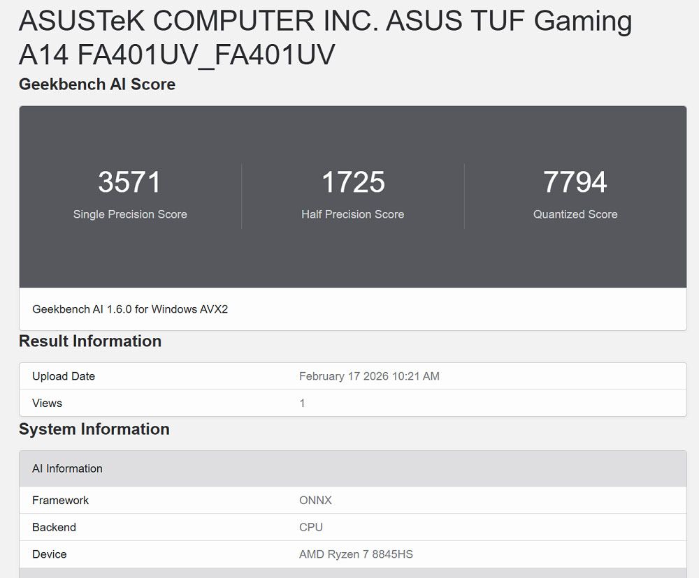 Resultado de Geekbench AI