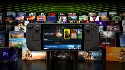 Consola Steam Deck portable rodeada de carátulas de juegos.