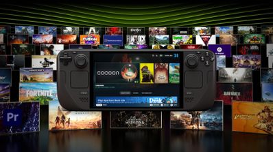 Consola Steam Deck portable rodeada de carátulas de juegos.