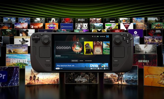 Consola Steam Deck portable rodeada de carátulas de juegos.
