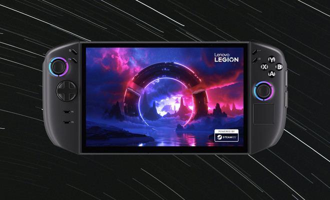 Consola portátil Lenovo Legion Go 2 con los mandos desmontables acoplados, mostrando la interfaz de SteamOS en su pantalla OLED de 8.8 pulgadas.