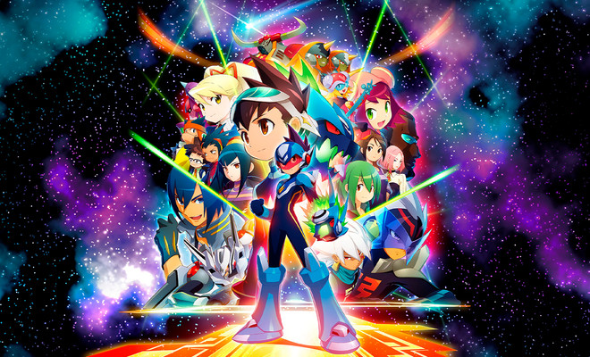 Ilustración de Mega Man Star Force Legacy Collection con personajes de la saga sobre un fondo espacial estrellado.