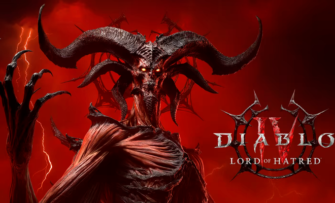 Ilustración de Mephisto, el Señor del Odio, con grandes cuernos curvados y ojos brillantes sobre un fondo rojo con rayos en Diablo IV.