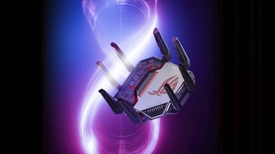 Router ASUS ROG de alta gama con ocho antenas externas sobre un fondo con un símbolo de infinito iluminado en tonos de neón azul y púrpura.