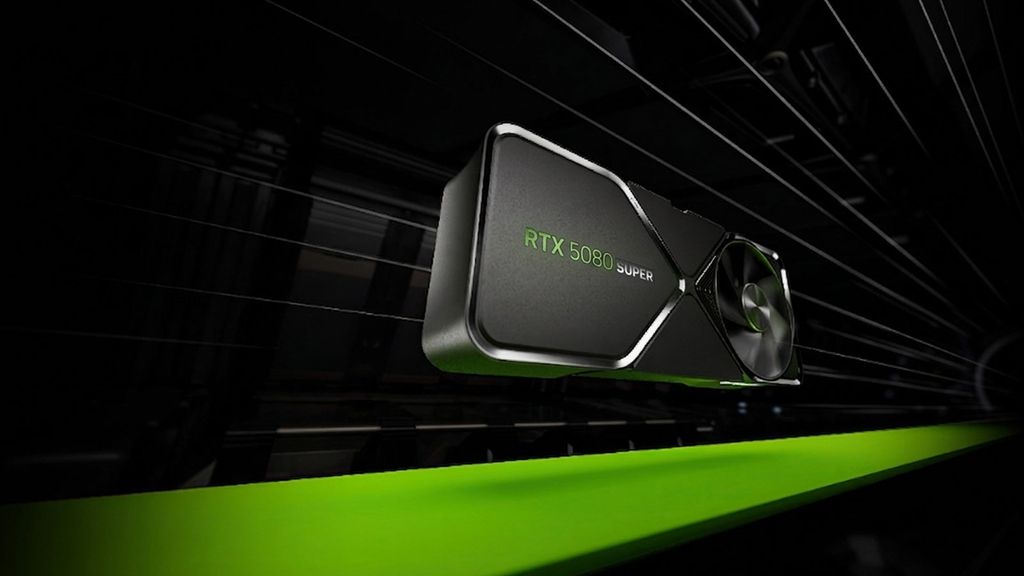 Tarjeta gráfica NVIDIA GeForce RTX 5080 SUPER de perfil con iluminación verde sobre fondo oscuro.