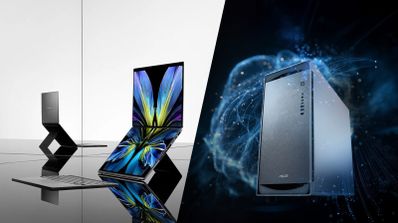 Composición que muestra un ordenador portátil con pantalla flexible y un equipo de sobremesa ASUS en un entorno tecnológico.