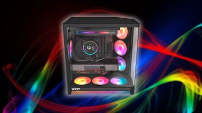 Caja de PC NZXT con varios ventiladores RGB iluminados, refrigeración líquida con pantalla LCD y tarjeta gráfica instalada sobre un fondo de líneas de colores.