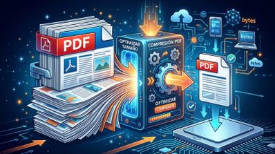 Ilustración conceptual de un proceso de compresión de archivos PDF donde una pila de documentos entra en una máquina de procesado digital para reducir su tamaño de bytes.