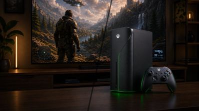 Diseño conceptual de una consola Xbox negra con líneas de luz verde junto a un mando sobre un mueble de salón, con un videojuego de acción en la pantalla del televisor.