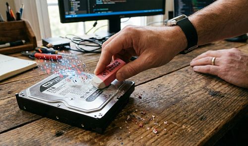 Mano derecha pasando una goma de borrar rosa sobre la superficie de un disco duro mecánico de 3.5 pulgadas para simbolizar el borrado de datos.