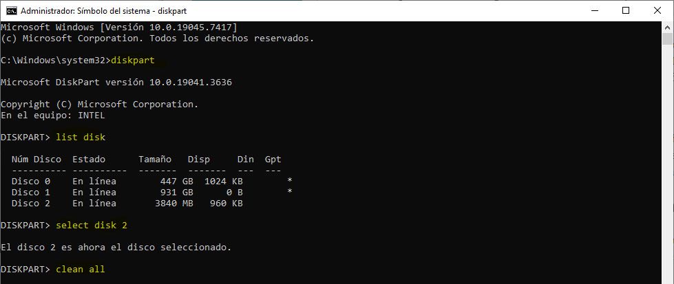 Ventana del Símbolo del sistema de Windows ejecutando Diskpart con los comandos list disk, select disk y clean all para gestionar unidades de almacenamiento.