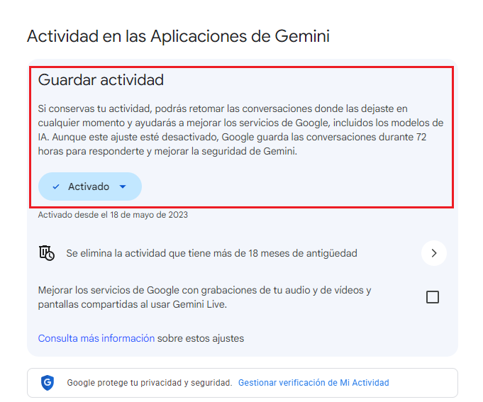 Panel de configuración de Actividad en las Aplicaciones de Gemini con la opción Guardar actividad resaltada en un recuadro rojo.