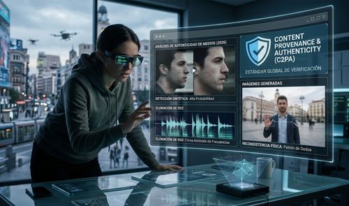 Mujer con gafas inteligentes interactuando con una pantalla holográfica que detalla el estándar C2PA para la verificación de autenticidad de contenidos digitales mediante IA.