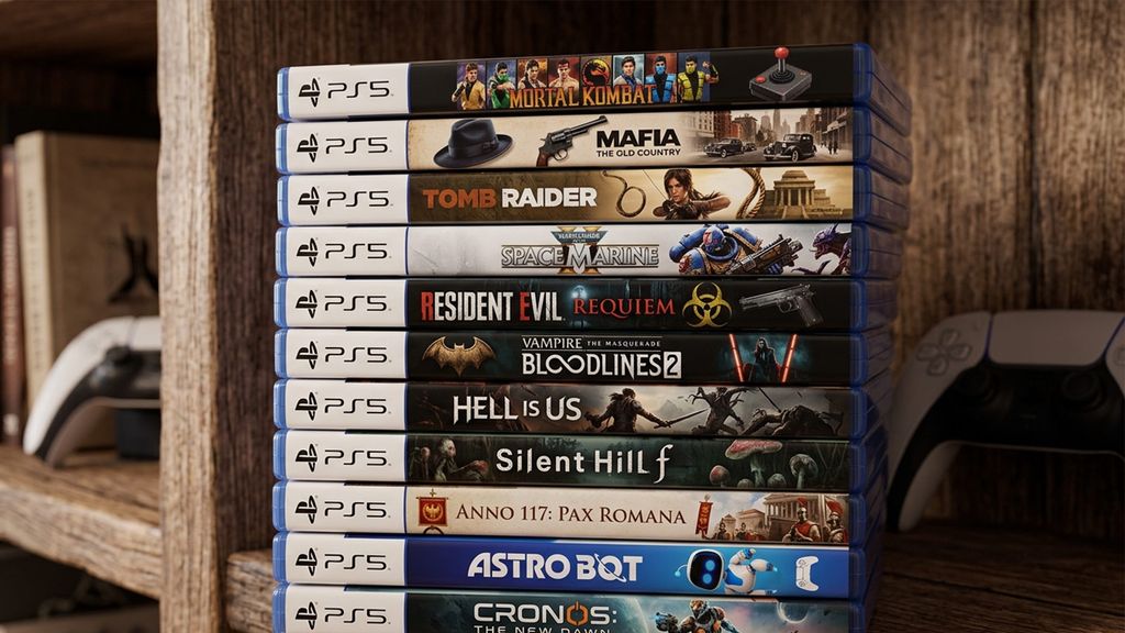 Pila de estuches de videojuegos para PlayStation 5 en una estantería de madera junto a un mando DualSense.