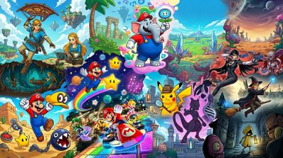 Mosaico de personajes emblemáticos de Nintendo incluyendo a Mario Elefante, Link, Zelda, Pikachu y Bayonetta sobre fondos de diversos videojuegos.