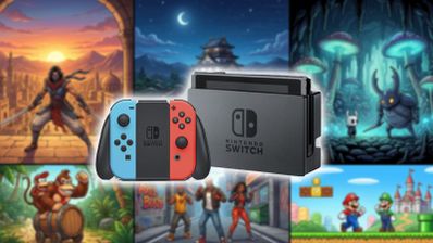 Consola Nintendo Switch con mandos Joy-Con azul y rojo frente a un collage de diversos videojuegos de aventuras, plataformas y acción.