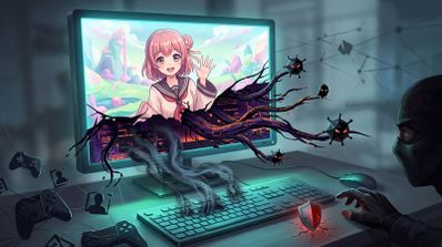Ilustración conceptual de un monitor mostrando un fondo de pantalla de anime del que brotan tentáculos oscuros y virus, representando una amenaza informática.