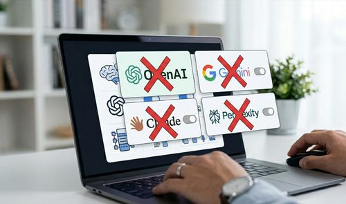 Montaje sobre la pantalla de un ordenador portátil que muestra los logotipos de OpenAI, Gemini, Claude y Perplexity tachados con una X roja.