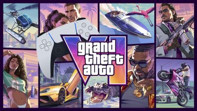 Mosaico de ilustraciones estilo Grand Theft Auto VI con un mando DualSense de PlayStation 5 en el centro, rodeado de personajes, vehículos y escenas de acción inspiradas en Vice City.