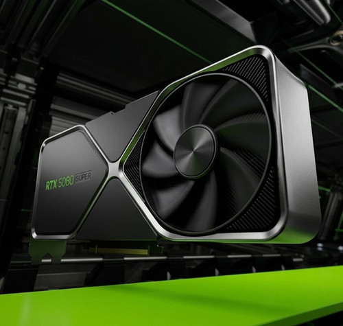 Tarjeta gráfica NVIDIA GeForce RTX de la serie 50 con diseño Founders Edition situado en un entorno tecnológico con luces verdes.