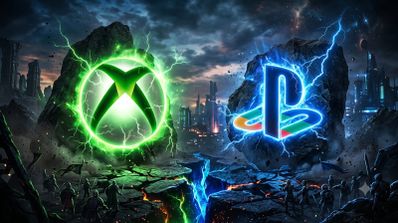 Logotipos de Xbox y PlayStation iluminados con rayos verdes y azules sobre un campo de batalla futurista con ejércitos enfrentados.