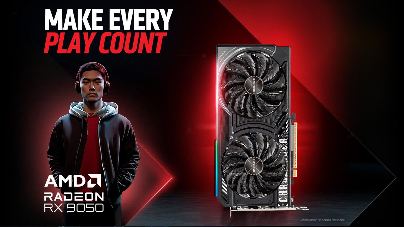 Tarjeta gráfica AMD Radeon RX 9050 de doble ventilador junto a un jugador con auriculares sobre un fondo oscuro con iluminación roja.