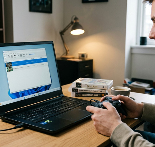 Hombre sentado frente a un ordenador portátil gaming utilizando un mando de control para jugar, con una estantería llena de juegos al fondo.