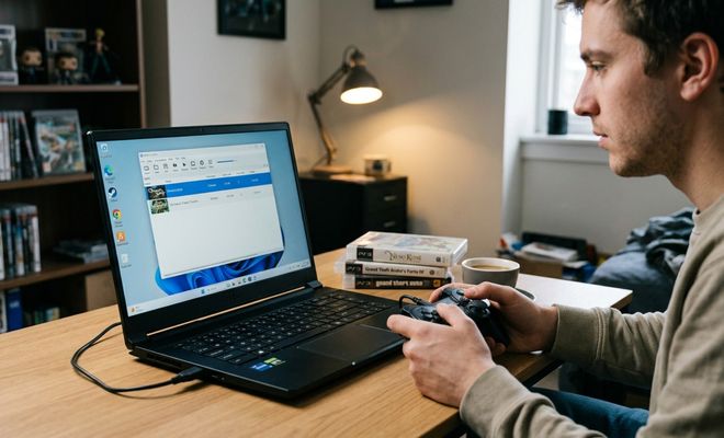 Hombre sentado frente a un ordenador portátil gaming utilizando un mando de control para jugar, con una estantería llena de juegos al fondo.